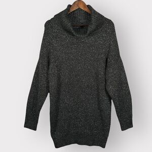 Express Tunic‎ Knit Sweater Women L Black Shimmer Shiny Cowl Neck Metallic X31